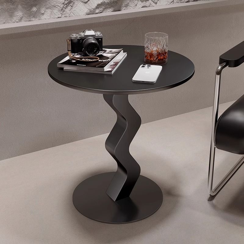 Modern Minimalist Iron Rock Slab Round Top Wave Base Side Table Durable For Living Room Bedroom