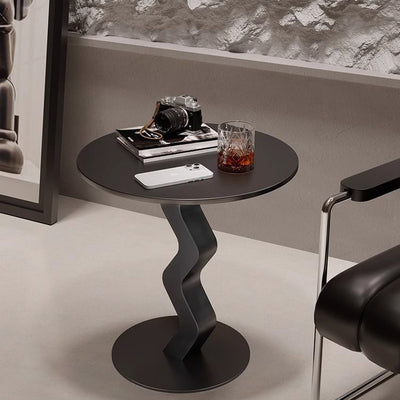 Modern Minimalist Iron Rock Slab Round Top Wave Base Side Table Durable For Living Room Bedroom