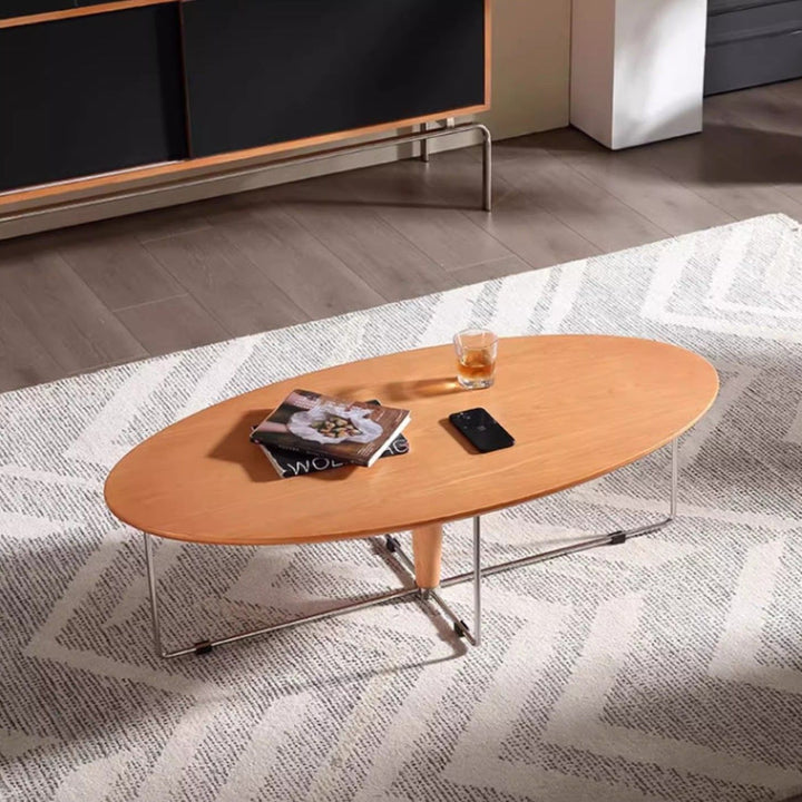 Modern Mid-Century Pine And Stainless Steel Oval Coffee Table With Anti-Slip Pads For Living Room Bedroom