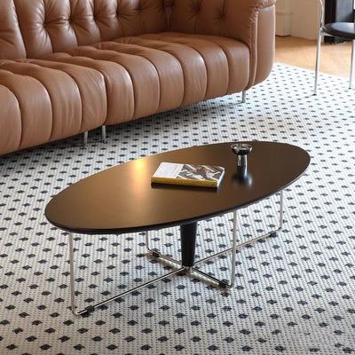 Moderner mid-century Holz- und Edelstahl-Oval-Couchtisch mit Anti-Rutsch-Pads für Wohnzimmer und Schlafzimmer 