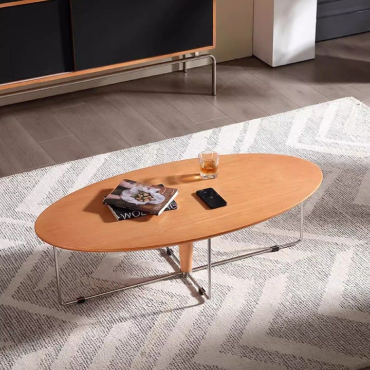 Modern Mid-Century Pine And Stainless Steel Oval Coffee Table With Anti-Slip Pads For Living Room Bedroom