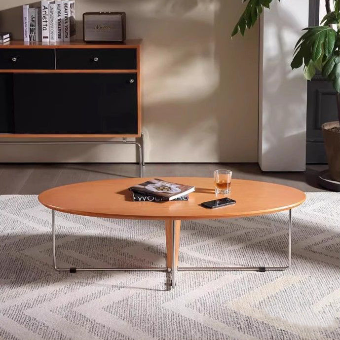 Mesa de centro ovalada moderna de pino de mediados de siglo y acero inoxidable con almohadillas antideslizantes para sala de estar y dormitorio 