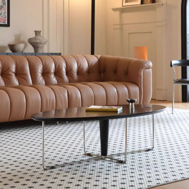 Mesa de centro ovalada moderna de pino de mediados de siglo y acero inoxidable con almohadillas antideslizantes para sala de estar y dormitorio 