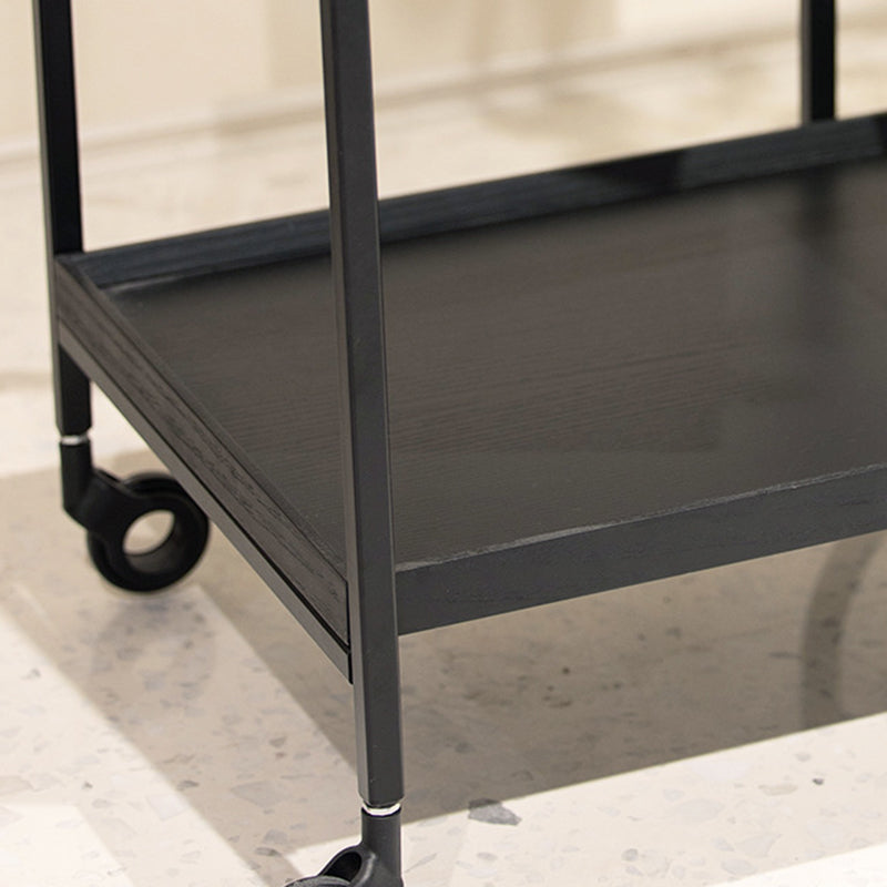 Modern Minimalist Metal & Wood Rectangular Side Table With Wheels & 2-Tier Movable Storage For Living Room & Bedroom