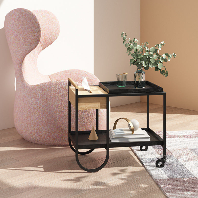 Modern Minimalist Metal & Wood Rectangular Side Table With Wheels & 2-Tier Movable Storage For Living Room & Bedroom