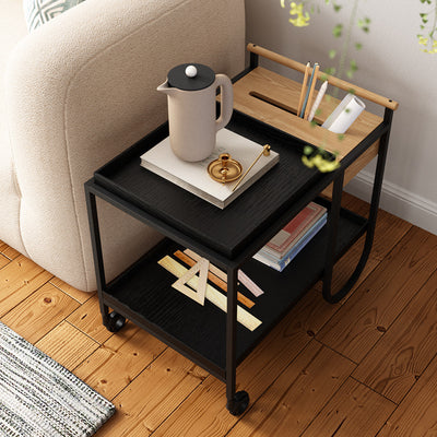 Modern Minimalist Metal & Wood Rectangular Side Table With Wheels & 2-Tier Movable Storage For Living Room & Bedroom