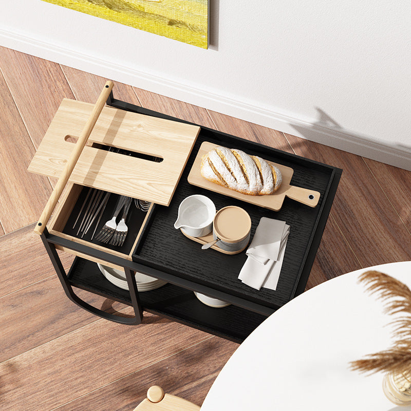 Modern Minimalist Metal & Wood Rectangular Side Table With Wheels & 2-Tier Movable Storage For Living Room & Bedroom