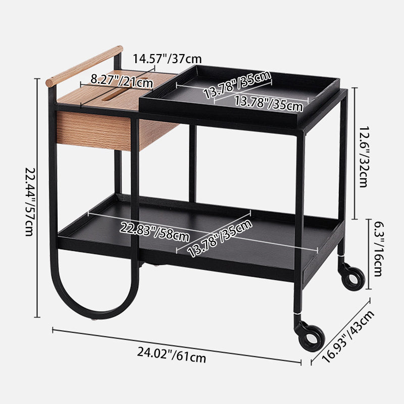Modern Minimalist Metal & Wood Rectangular Side Table With Wheels & 2-Tier Movable Storage For Living Room & Bedroom
