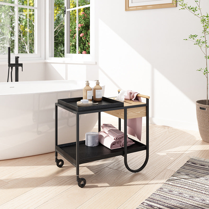 Modern Minimalist Metal & Wood Rectangular Side Table With Wheels & 2-Tier Movable Storage For Living Room & Bedroom