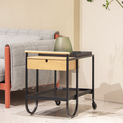 Modern Minimalist Metal & Wood Rectangular Side Table With Wheels & 2-Tier Movable Storage For Living Room & Bedroom