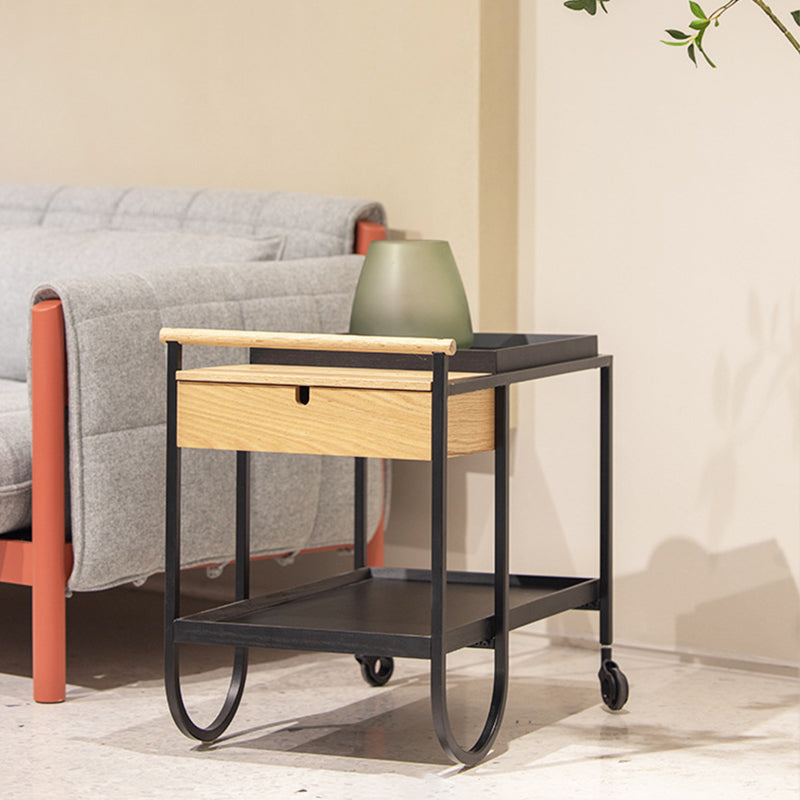Modern Minimalist Metal & Wood Rectangular Side Table With Wheels & 2-Tier Movable Storage For Living Room & Bedroom