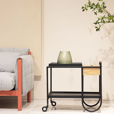 Modern Minimalist Metal & Wood Rectangular Side Table With Wheels & 2-Tier Movable Storage For Living Room & Bedroom