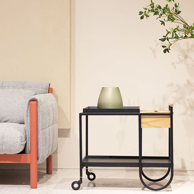 Modern Minimalist Metal & Wood Rectangular Side Table With Wheels & 2-Tier Movable Storage For Living Room & Bedroom