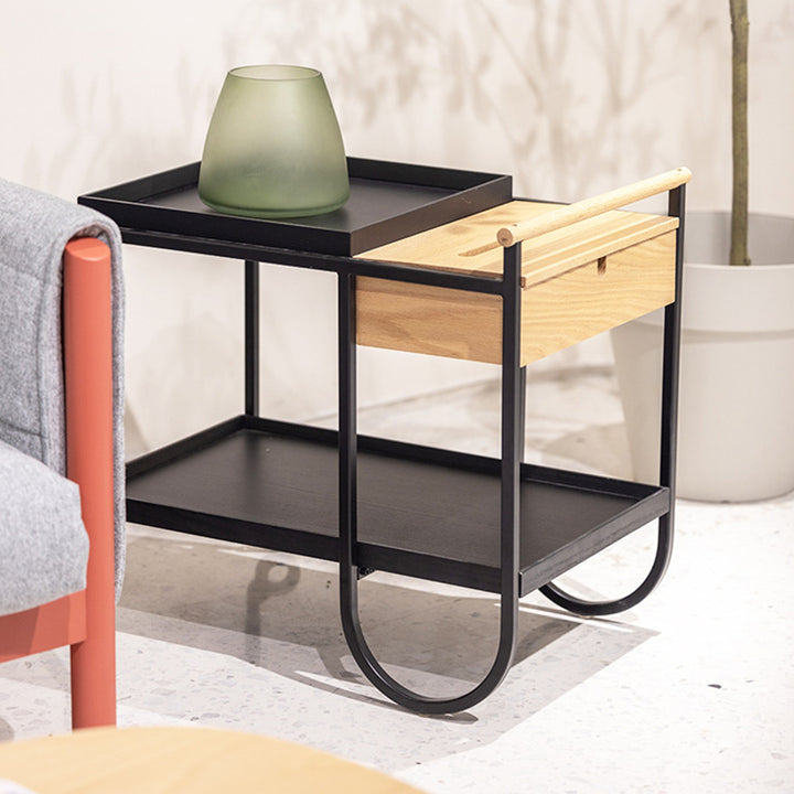 Table d'appoint rectangulaire moderne minimaliste en métal et bois avec roues et rangement mobile à 2 niveaux pour salon et chambre 