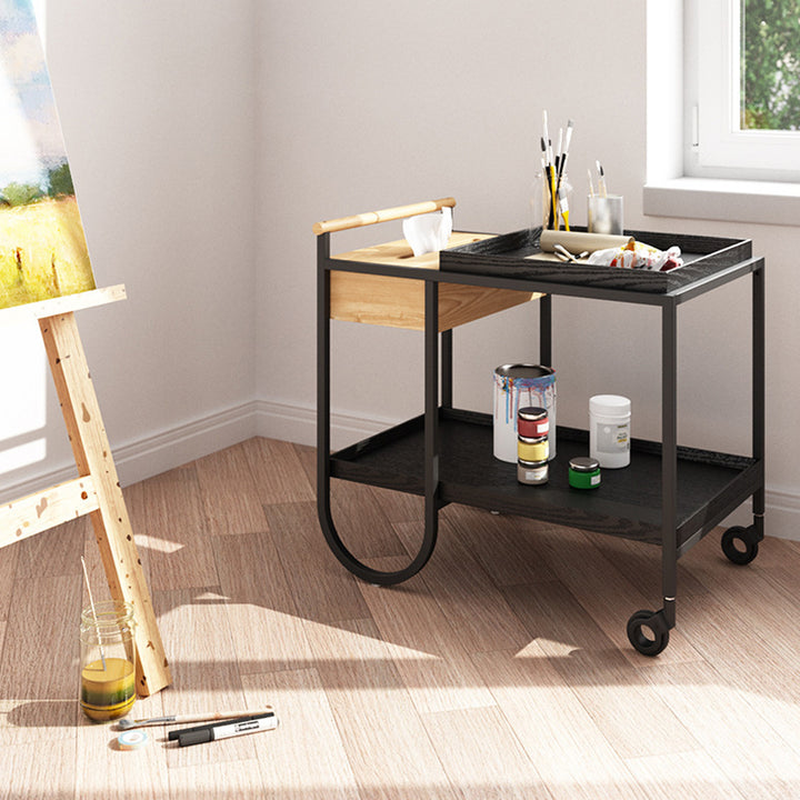 Table d'appoint rectangulaire moderne minimaliste en métal et bois avec roues et rangement mobile à 2 niveaux pour salon et chambre 