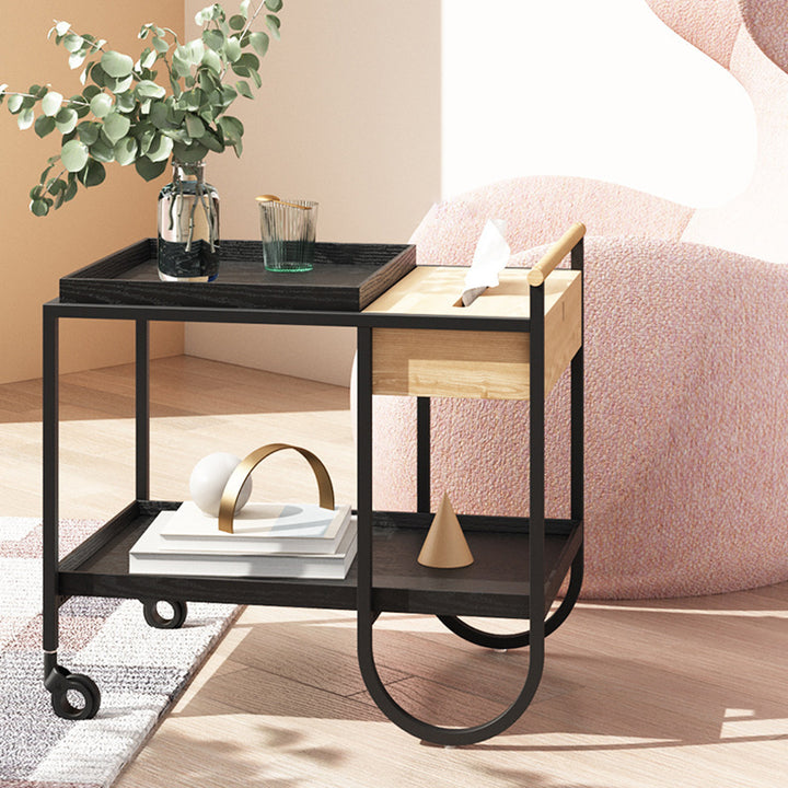 Modern Minimalist Metal &amp; Wood Rectangular Side Table With Wheels &amp; 2-Tier Movable Storage For Living Room &amp; Bedroom