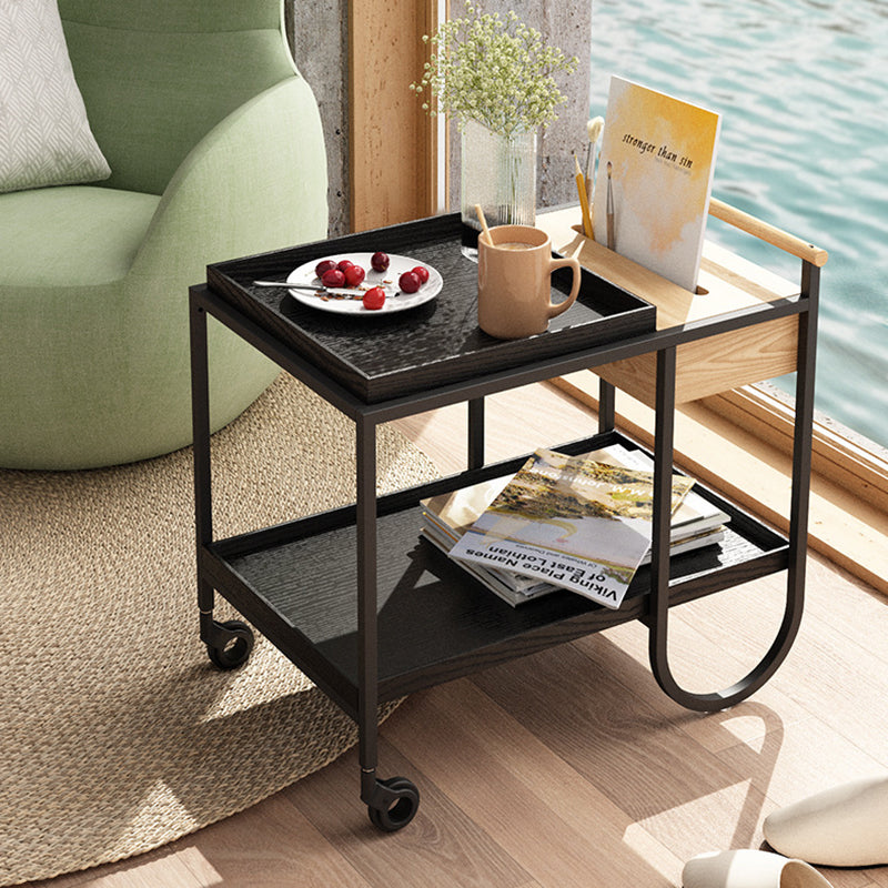 Modern Minimalist Metal & Wood Rectangular Side Table With Wheels & 2-Tier Movable Storage For Living Room & Bedroom