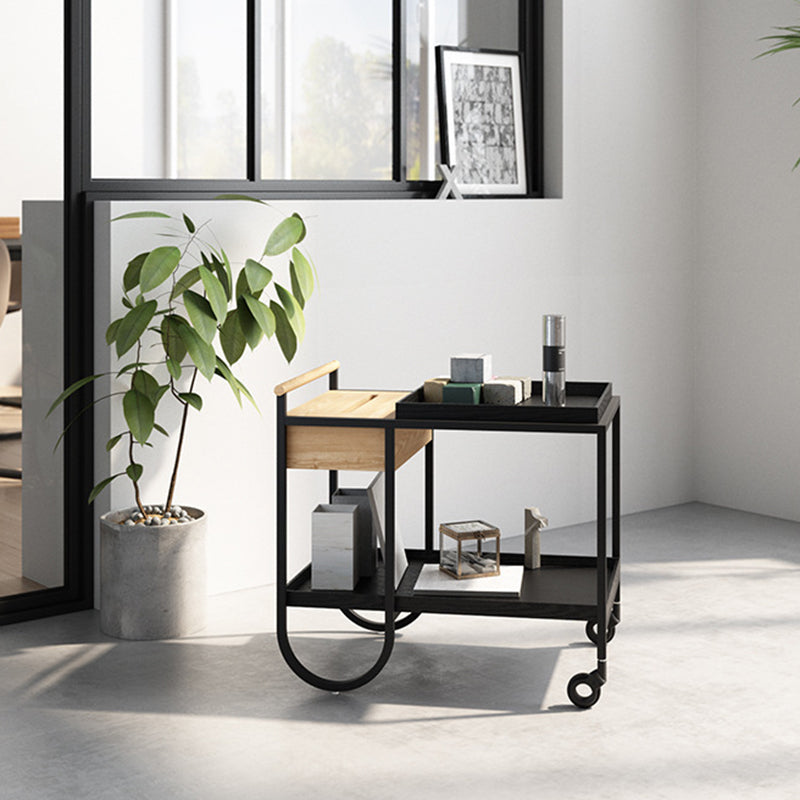 Modern Minimalist Metal & Wood Rectangular Side Table With Wheels & 2-Tier Movable Storage For Living Room & Bedroom