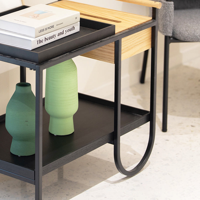 Modern Minimalist Metal & Wood Rectangular Side Table With Wheels & 2-Tier Movable Storage For Living Room & Bedroom