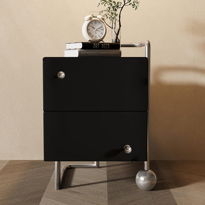 Table de nuit carrée contemporaine en bois nordique et acier inoxydable avec 2 tiroirs pour chambre et salon 