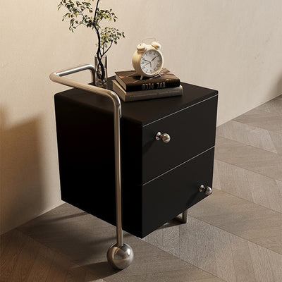 Contemporary Nordic Wood & Stainless Steel Square Nightstand With 2 Drawers For Bedroom & Living Room