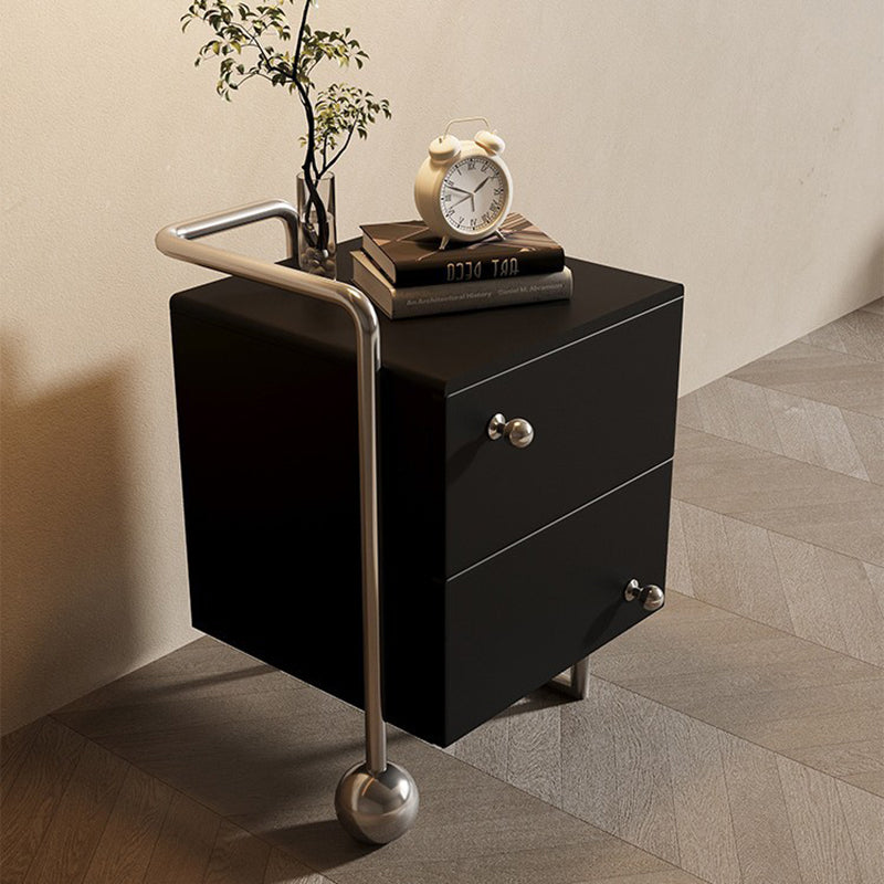 Contemporary Nordic Wood & Stainless Steel Square Nightstand With 2 Drawers For Bedroom & Living Room