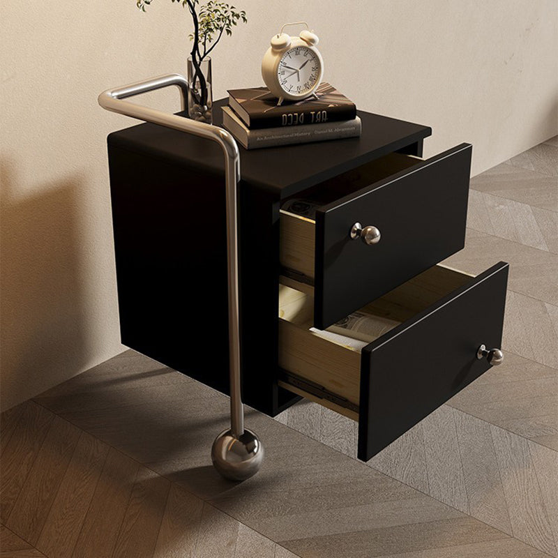 Contemporary Nordic Wood & Stainless Steel Square Nightstand With 2 Drawers For Bedroom & Living Room