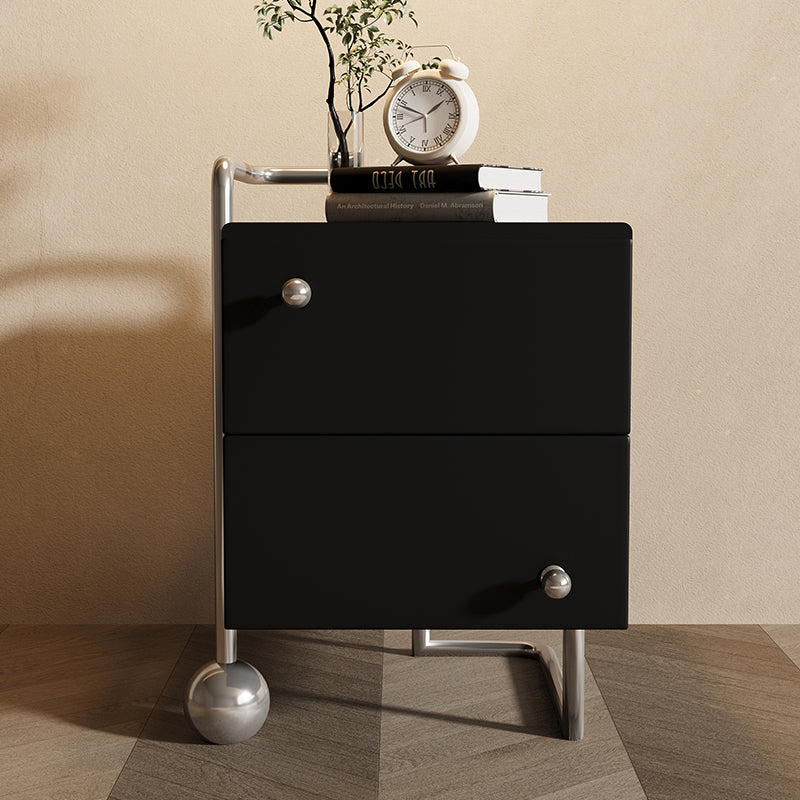 Contemporary Nordic Wood & Stainless Steel Square Nightstand With 2 Drawers For Bedroom & Living Room