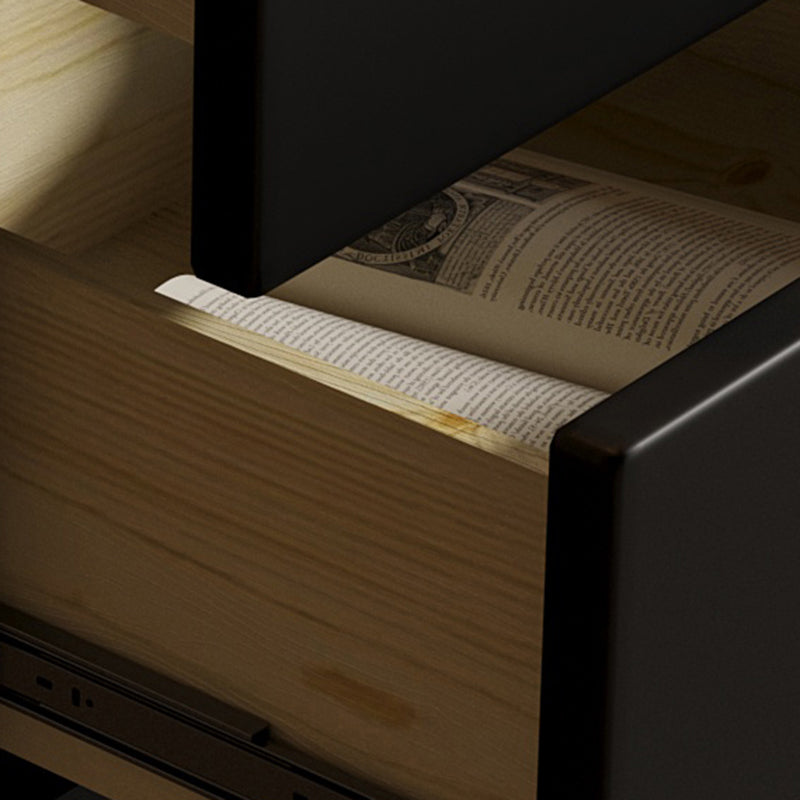 Contemporary Nordic Wood & Stainless Steel Square Nightstand With 2 Drawers For Bedroom & Living Room