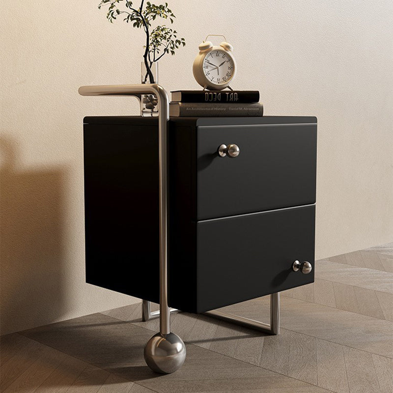Contemporary Nordic Wood & Stainless Steel Square Nightstand With 2 Drawers For Bedroom & Living Room