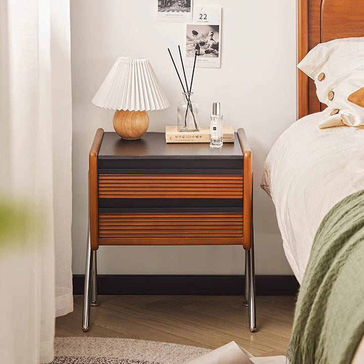 Table de nuit carrée contemporaine en dalle de roche nordique, pin, buis et acier inoxydable avec 2 tiroirs pour chambre et salon 