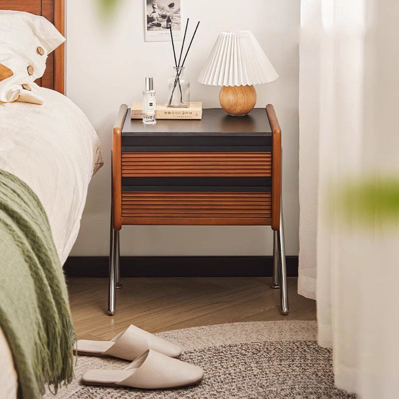 Contemporary Nordic Rock Slab, Pine, Boxwood & Stainless Steel Square Nightstand With 2-Drawers For Bedroom & Living Room