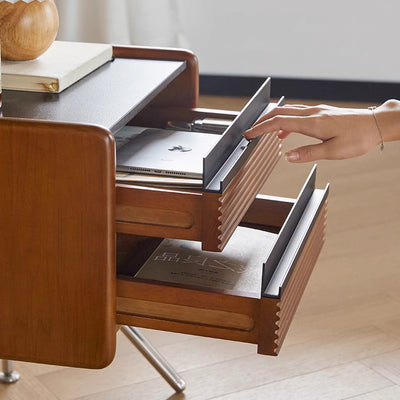 Contemporary Nordic Rock Slab, Pine, Boxwood & Stainless Steel Square Nightstand With 2-Drawers For Bedroom & Living Room