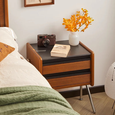 Contemporary Nordic Rock Slab, Pine, Boxwood & Stainless Steel Square Nightstand With 2-Drawers For Bedroom & Living Room