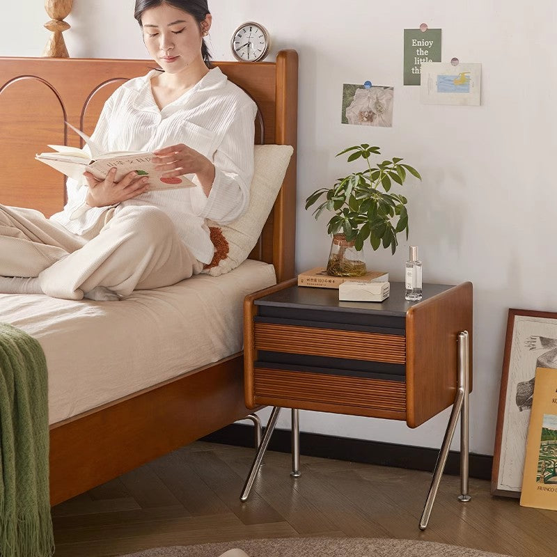 Contemporary Nordic Rock Slab, Pine, Boxwood & Stainless Steel Square Nightstand With 2-Drawers For Bedroom & Living Room