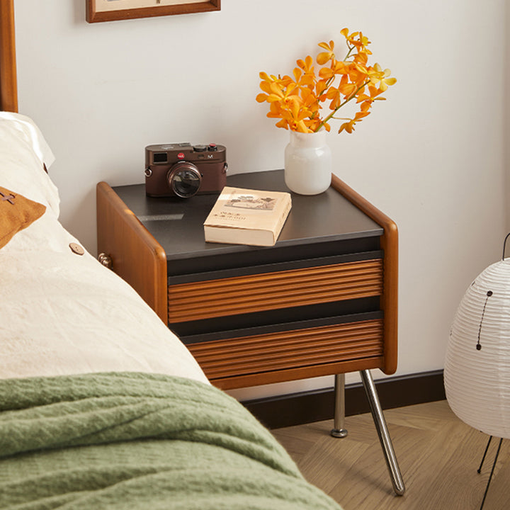 Table de nuit carrée contemporaine en dalle de roche nordique, pin, buis et acier inoxydable avec 2 tiroirs pour chambre et salon 