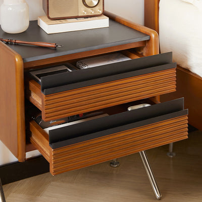 Contemporary Nordic Rock Slab, Pine, Boxwood & Stainless Steel Square Nightstand With 2-Drawers For Bedroom & Living Room