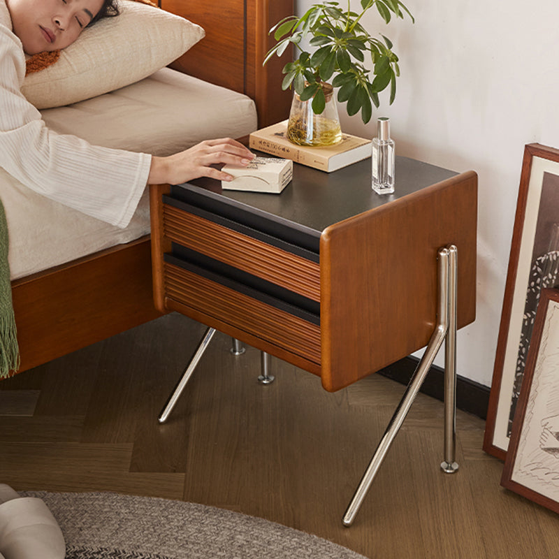 Zeitgenössischer nordischer Felsenplatte, Kiefer, Buchsbaum &amp; Edelstahl quadratischer Nachttisch mit 2 Schubladen für Schlafzimmer &amp; Wohnzimmer 