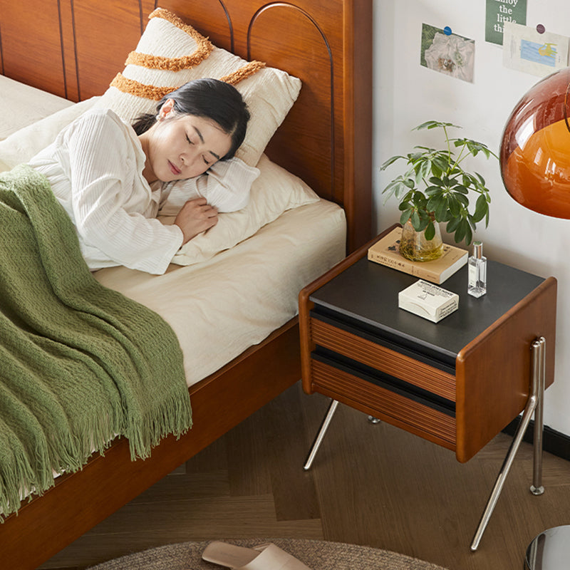 Zeitgenössischer nordischer Felsenplatte, Kiefer, Buchsbaum &amp; Edelstahl quadratischer Nachttisch mit 2 Schubladen für Schlafzimmer &amp; Wohnzimmer 