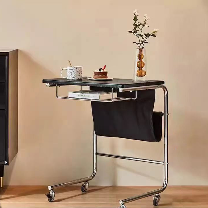 Modern Mid-Century Plank, Iron &amp; PU Leather Rectangular Side Table With Wheels For Living Room, Bedroom