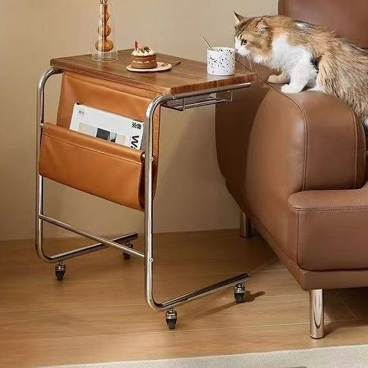 Modern Mid-Century Plank, Iron &amp; PU Leather Rectangular Side Table With Wheels For Living Room, Bedroom