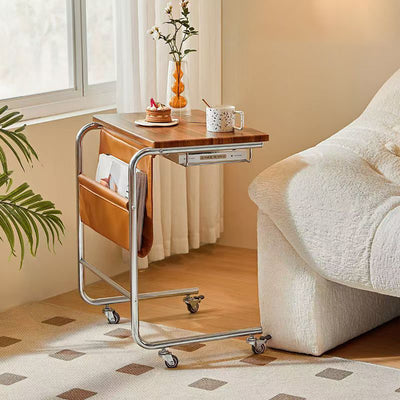 Modern Mid-Century Plank, Iron & Leather Rectangular Side Table With Wheels For Living Room, Bedroom