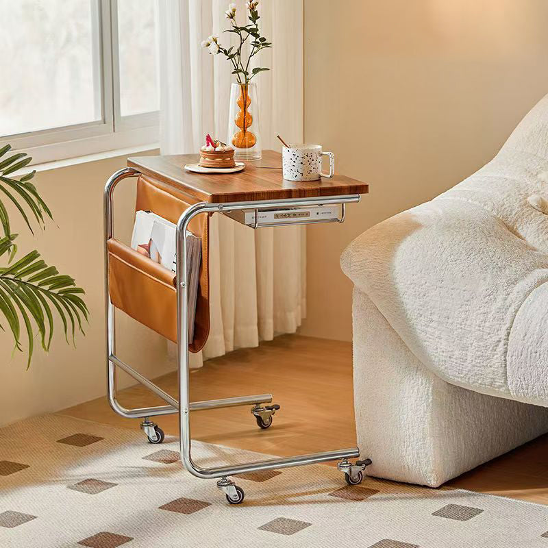 Modern Mid-Century Plank, Iron & Leather Rectangular Side Table With Wheels For Living Room, Bedroom