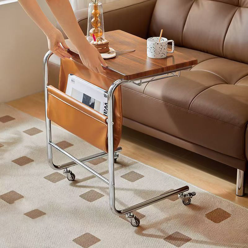 Modern Mid-Century Plank, Iron & Leather Rectangular Side Table With Wheels For Living Room, Bedroom