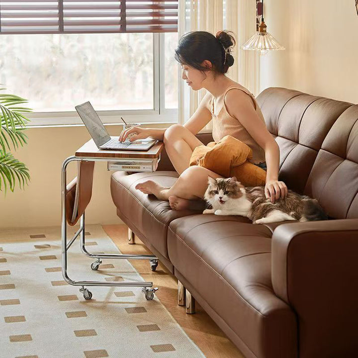 Modern Mid-Century Plank, Iron &amp; PU Leather Rectangular Side Table With Wheels For Living Room, Bedroom