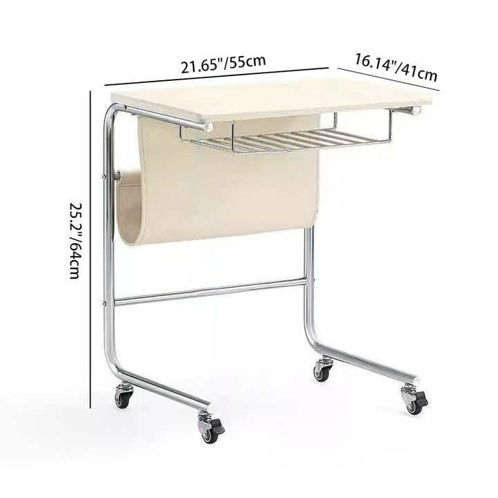 Modern Mid-Century Plank, Iron &amp; PU Leather Rectangular Side Table With Wheels For Living Room, Bedroom