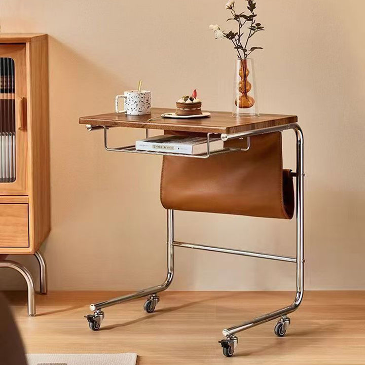 Modern Mid-Century Plank, Iron &amp; PU Leather Rectangular Side Table With Wheels For Living Room, Bedroom
