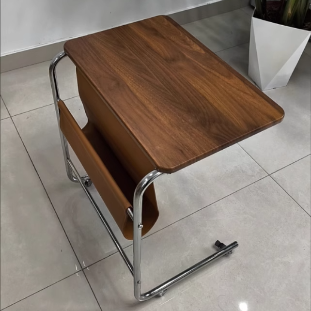 Modern Mid-Century Plank, Iron & Leather Rectangular Side Table With Wheels For Living Room, Bedroom