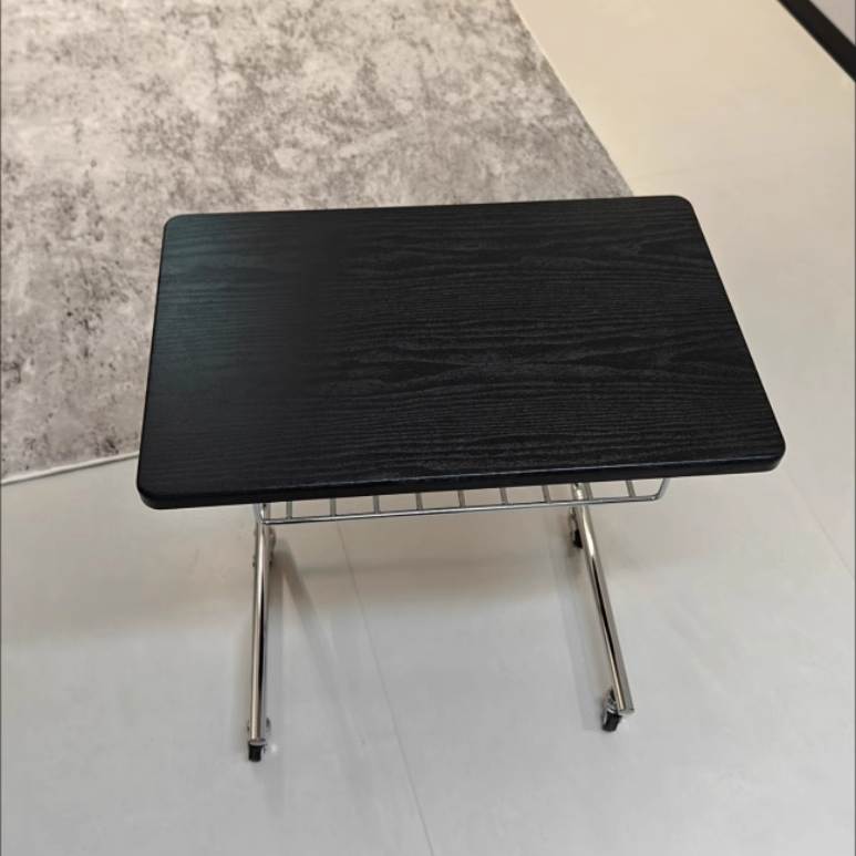 Modern Mid-Century Plank, Iron & Leather Rectangular Side Table With Wheels For Living Room, Bedroom