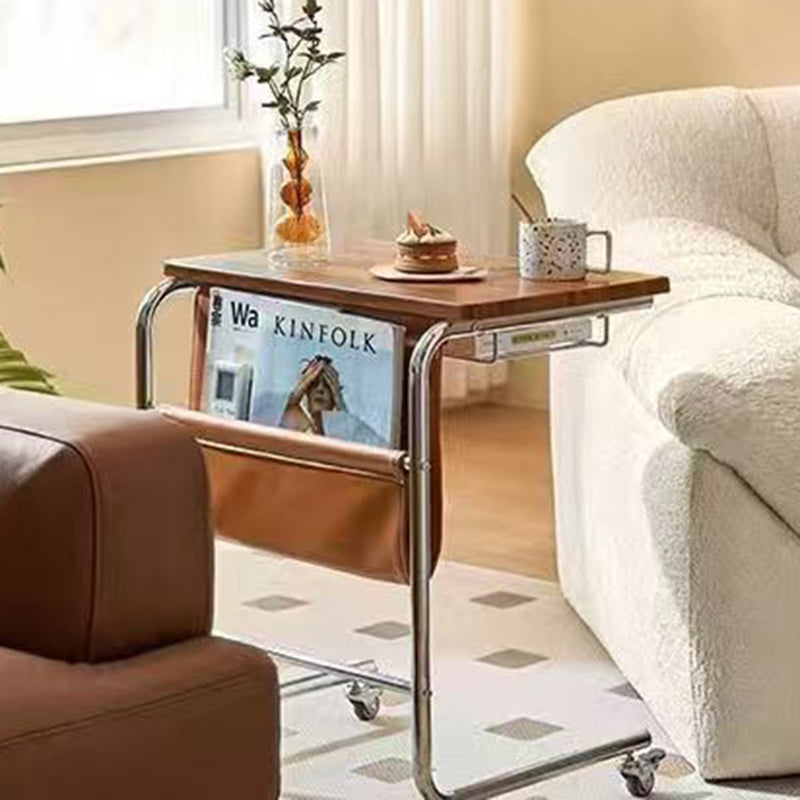 Modern Mid-Century Plank, Iron & Leather Rectangular Side Table With Wheels For Living Room, Bedroom
